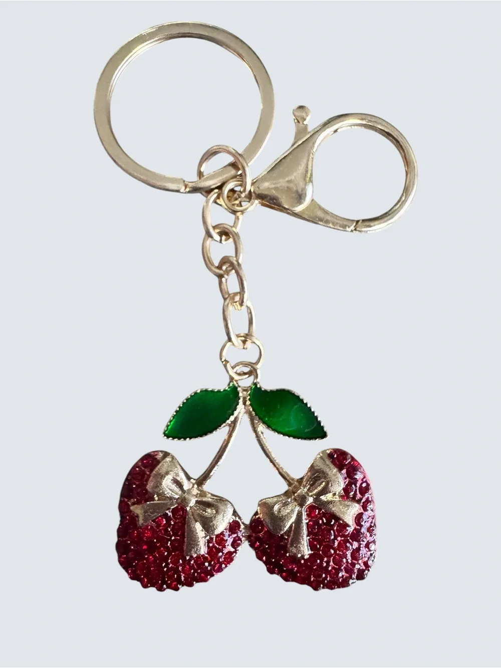 Gold Cherry hearts Keychain Charm with Red Crystals and Green Leaves